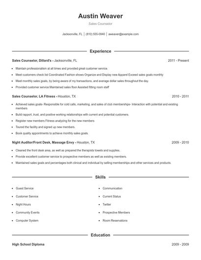 Sales Counselor Resume