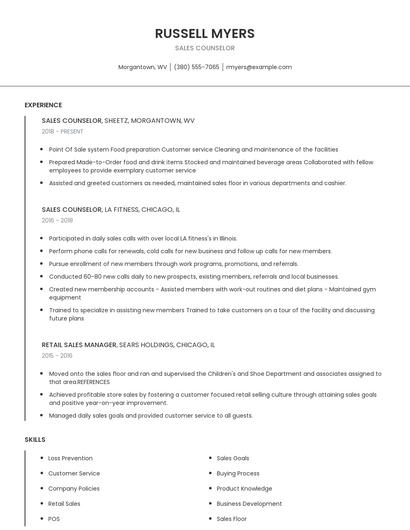 Sales Counselor Resume