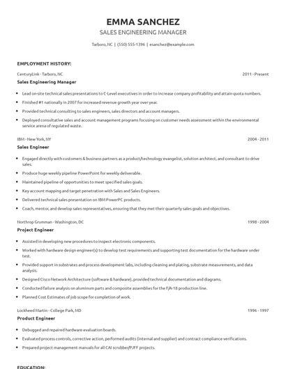 Sales Engineering Manager Resume