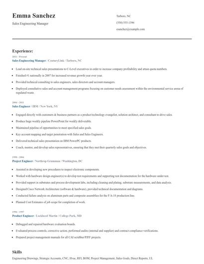 Sales Engineering Manager Resume