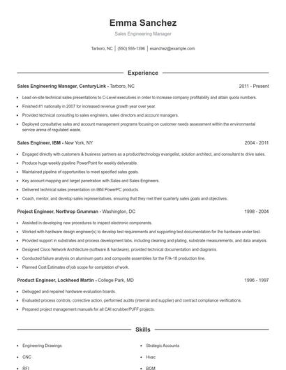 Sales Engineering Manager Resume