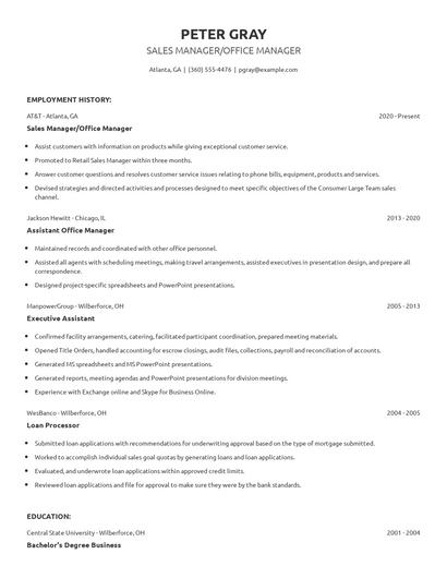 Sales Manager/Office Manager Resume