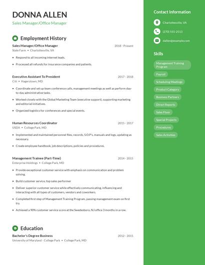 Sales Manager/Office Manager Resume