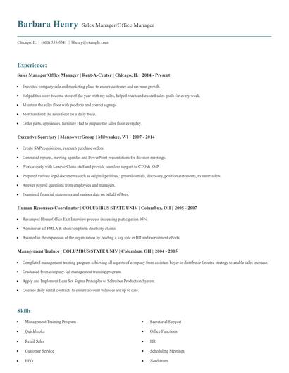Sales Manager/Office Manager Resume