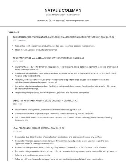 Sales Manager/Office Manager Resume