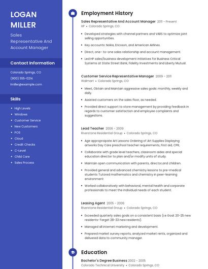Sales Representative And Account Manager Resume