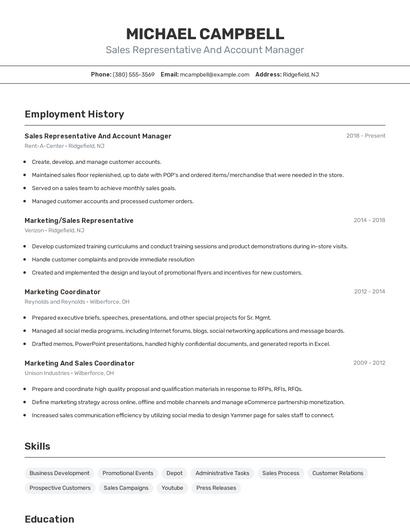 Sales Representative And Account Manager Resume