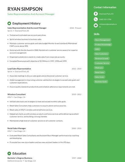 Sales Representative And Account Manager Resume