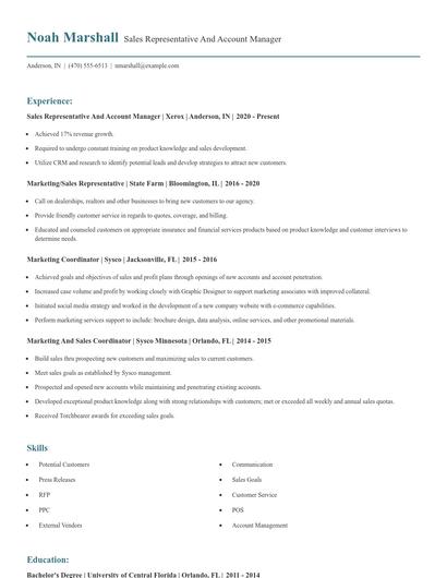 Sales Representative And Account Manager Resume