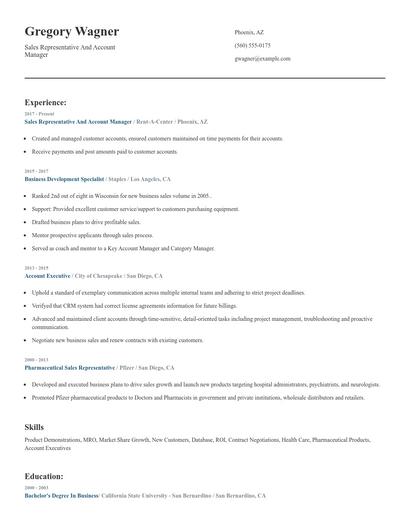 Sales Representative And Account Manager Resume