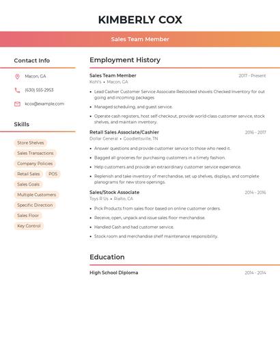 Sales Team Member Resume