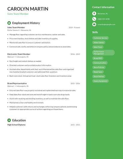 Sales Team Member Resume