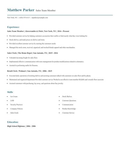 Sales Team Member Resume