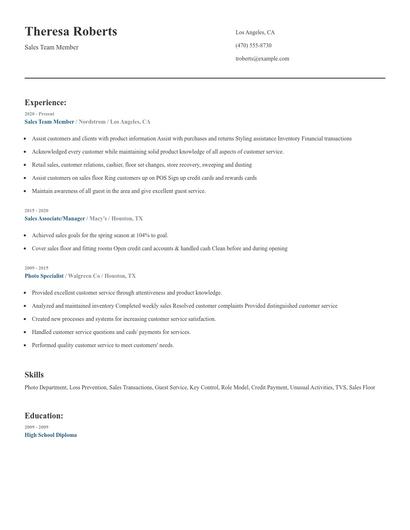 Sales Team Member Resume