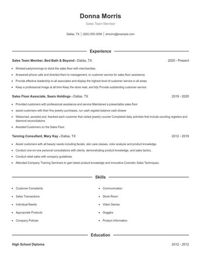 Sales Team Member Resume