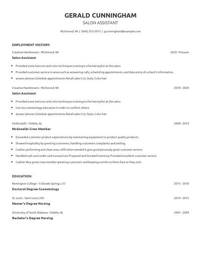 Salon Assistant Resume