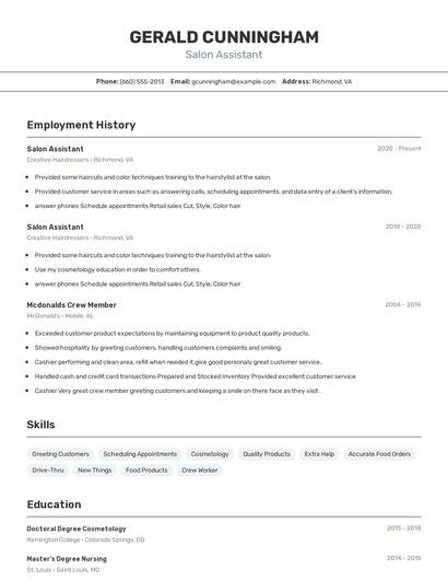 Salon Assistant Resume
