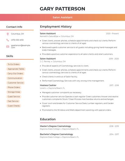 Salon Assistant Resume