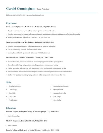 Salon Assistant Resume