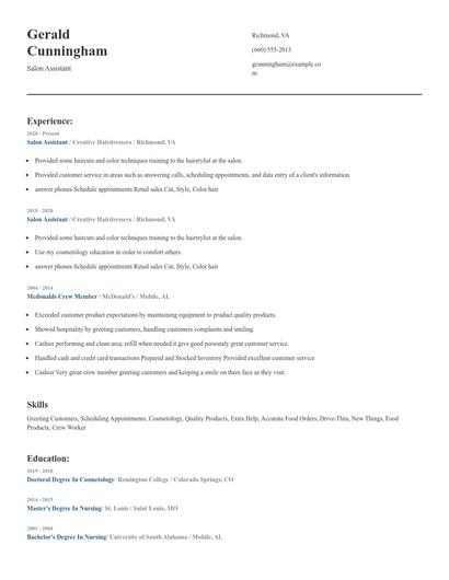 Salon Assistant Resume