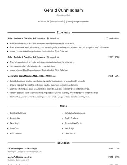 Salon Assistant Resume