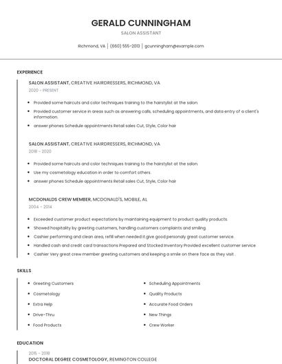 Salon Assistant Resume