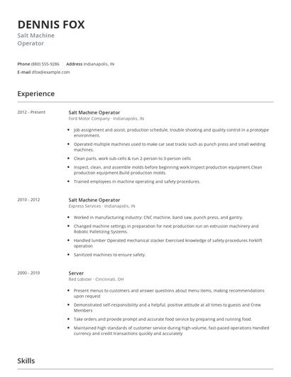 Salt Machine Operator Resume