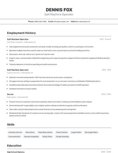 Salt Machine Operator Resume