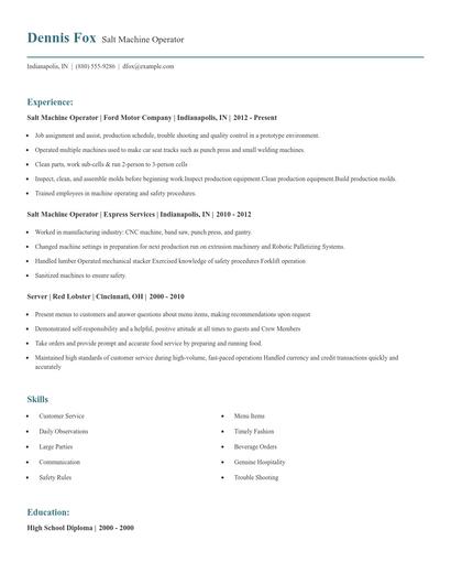 Salt Machine Operator Resume