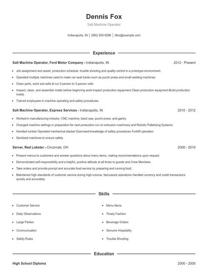 Salt Machine Operator Resume