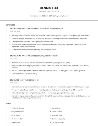 Salt Machine Operator Resume