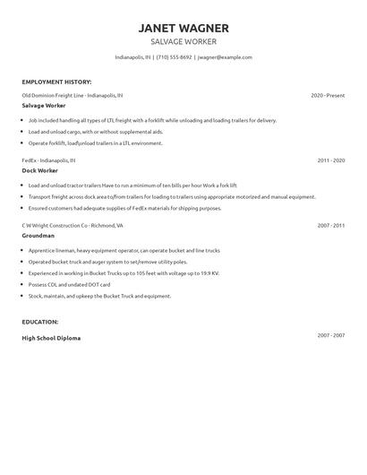 Salvage Worker Resume