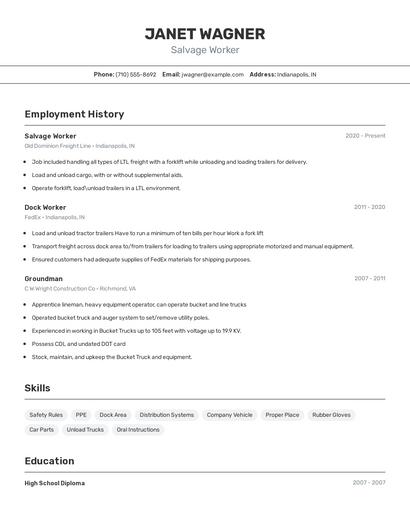 Salvage Worker Resume