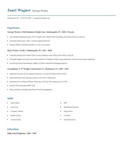 Salvage Worker Resume