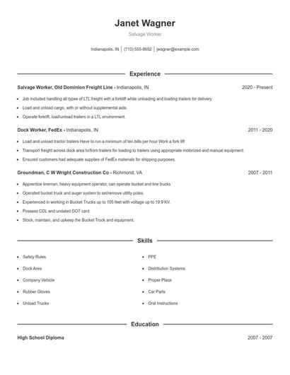 Salvage Worker Resume