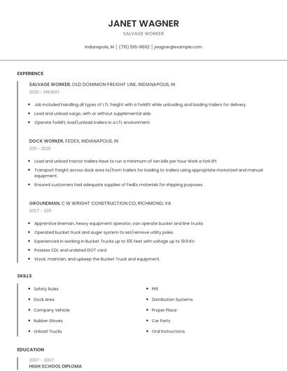 Salvage Worker Resume