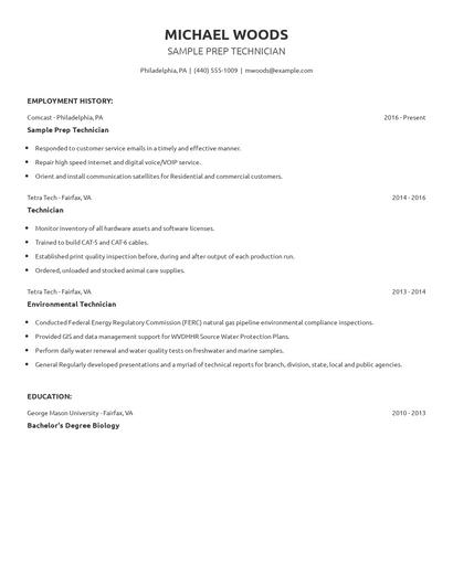 Sample Prep Technician Resume
