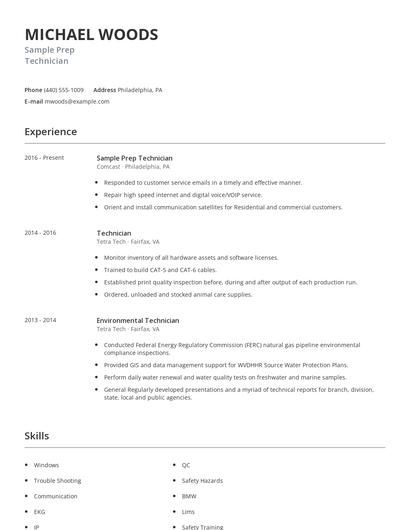 Sample Prep Technician Resume