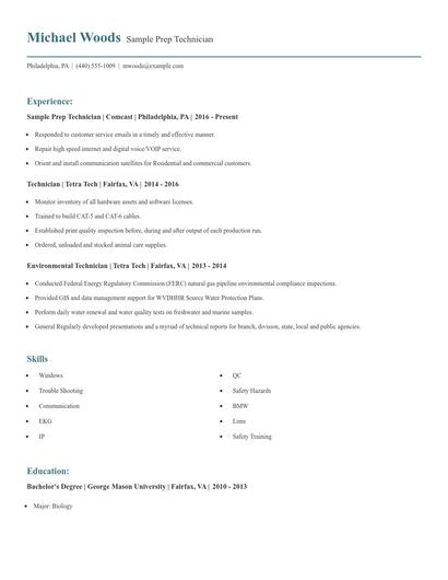 Sample Prep Technician Resume