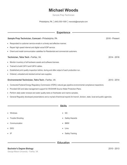 Sample Prep Technician Resume