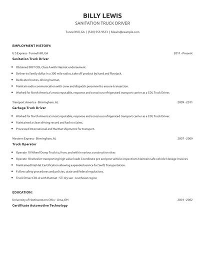 Sanitation Truck Driver Resume