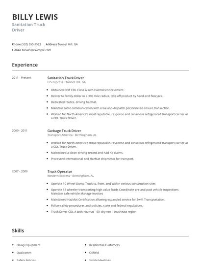 Sanitation Truck Driver Resume
