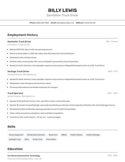 Sanitation Truck Driver Resume