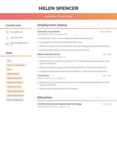 Sanitation Truck Driver Resume