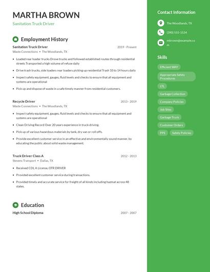 Sanitation Truck Driver Resume