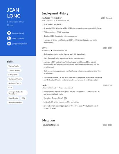 Sanitation Truck Driver Resume