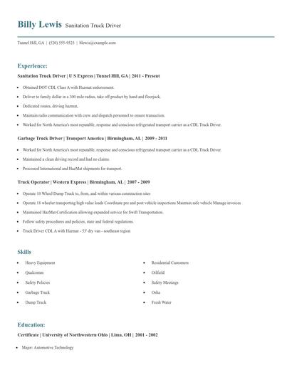 Sanitation Truck Driver Resume