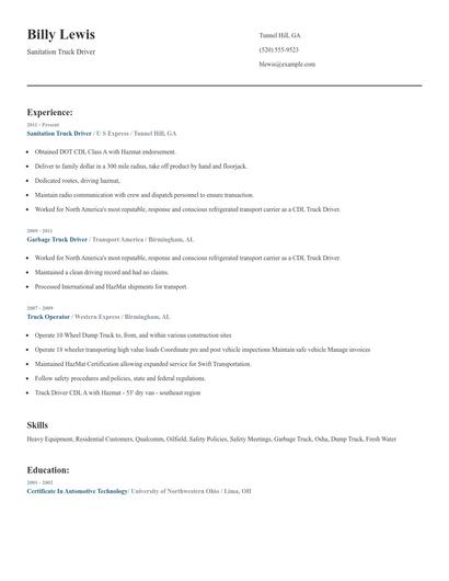 Sanitation Truck Driver Resume