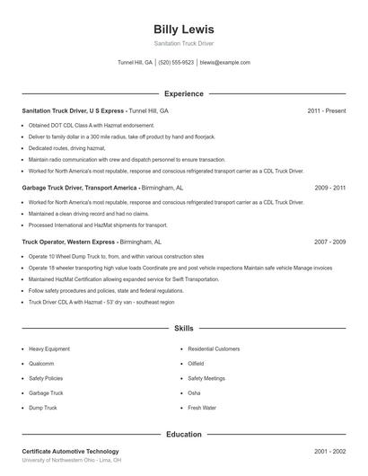 Sanitation Truck Driver Resume