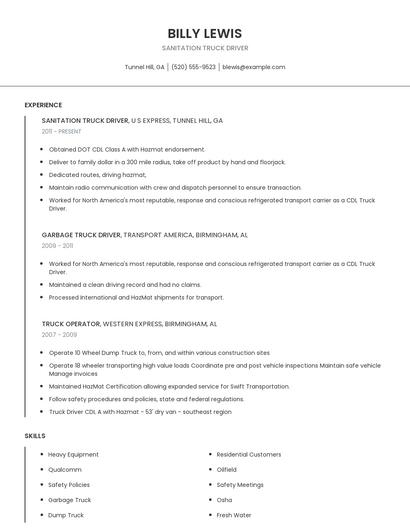 Sanitation Truck Driver Resume